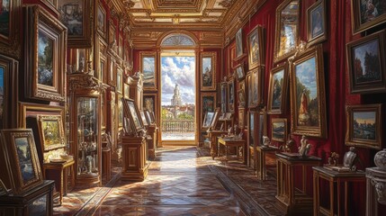 Fototapeta premium Ornate room with many paintings and a view.