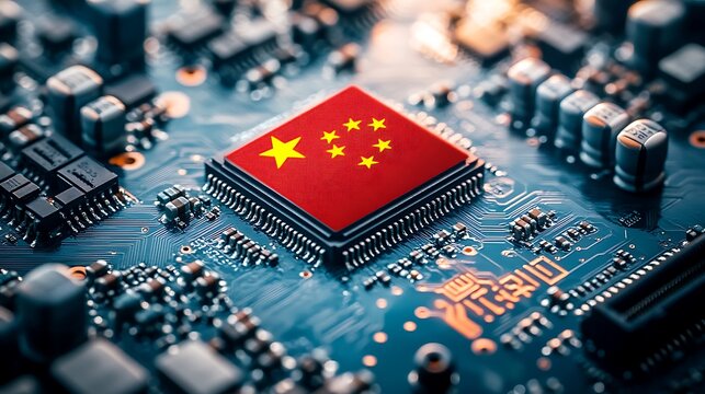 A close-up of a circuit board featuring a microchip with a Chinese flag design. - Powered by Adobe