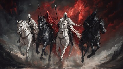 Four cloaked riders on horseback galloping through a dramatic landscape of dark clouds and fiery skies.