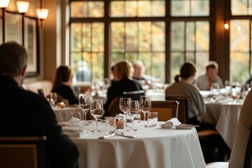 Fototapeta premium Elegant Dining Experience in a Cozy Restaurant With Fall Ambiance and Warm Lighting During the Evening Hours