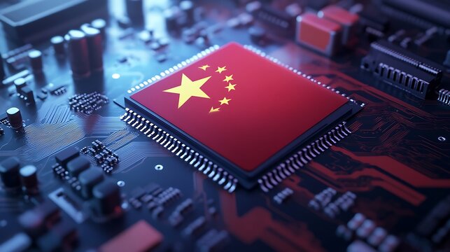 A close-up of a microchip featuring the Chinese flag, symbolizing technology and national identity.