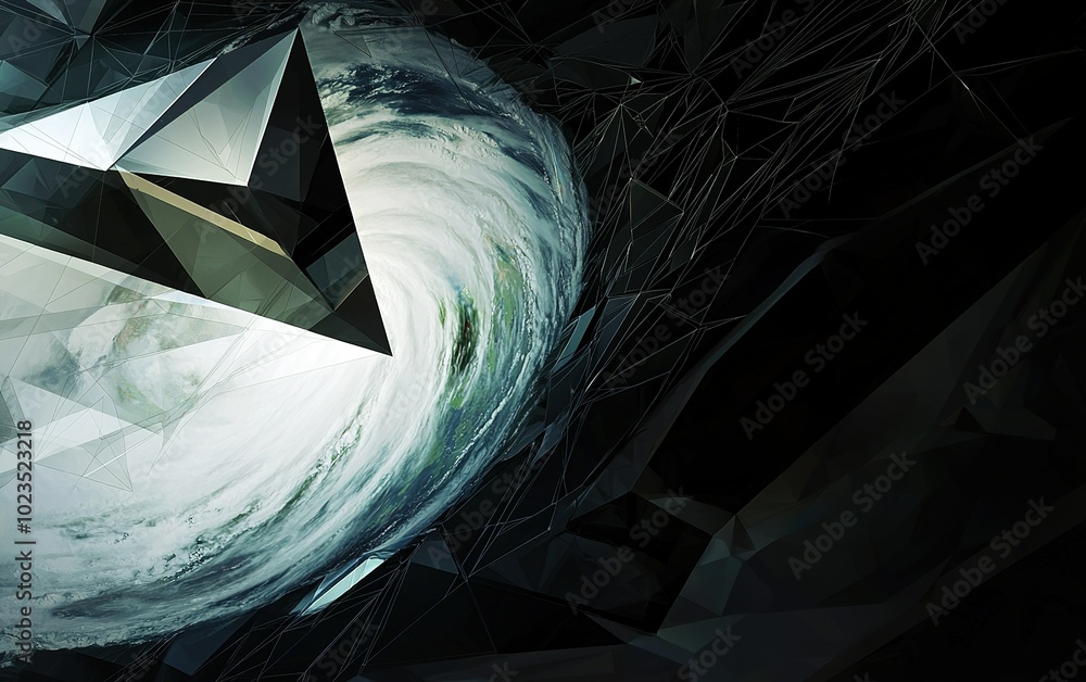 Poster abstract representation of a swirling vortex created by geometric shapes with a planet in the center