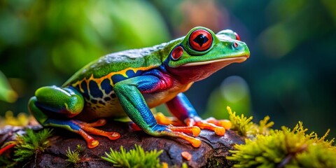 Naklejka premium Ancas Rana: Stunning Close-Up of a Colorful Frog in Its Natural Habitat, Showcasing Vibrant Patterns and Unique