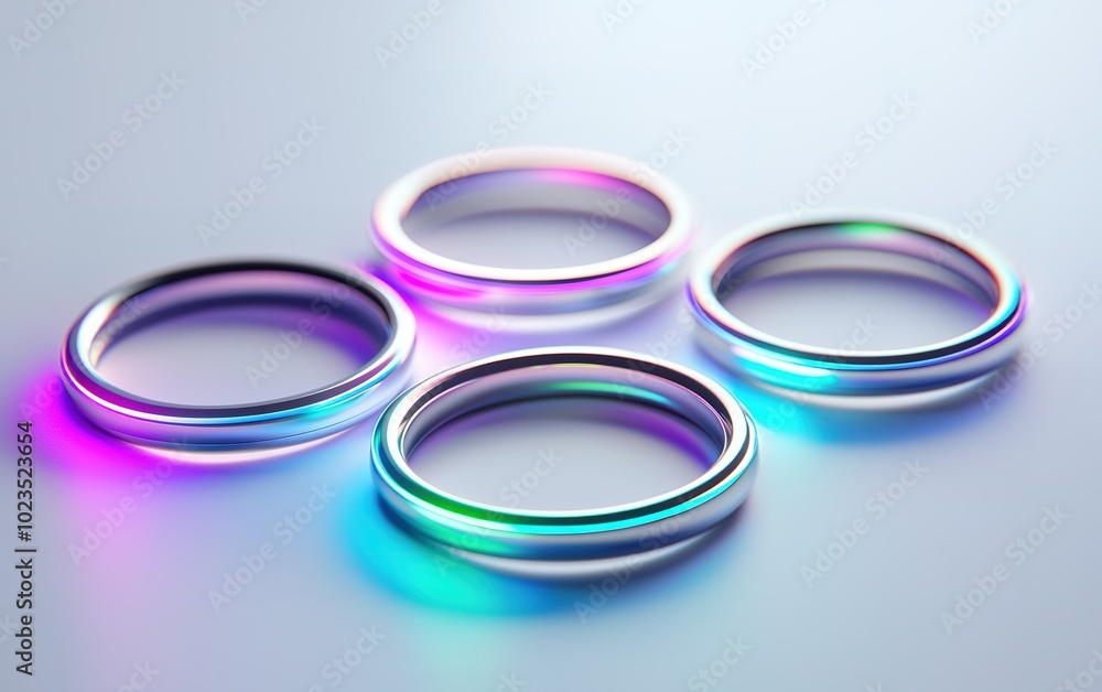 Poster four colorful rings reflecting light on a smooth surface creating an artistic display during a brigh