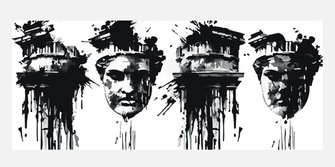 Obraz premium Set of three graffiti-style busts of classical sculptures. Black and white ink splash art depicting ancient statues, capturing a modern, edgy interpretation of classical Greek and Roman aesthetics.