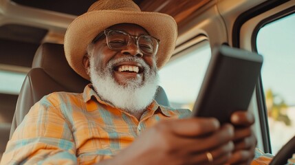 Joyful senior African American man with white beard laughs while using smartphone in car, embodying happiness in digital age and active retirement.