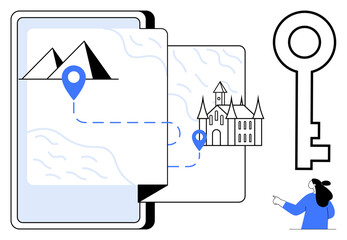 Map with location pins leading from pyramids to a castle, held by a person in blue. Ideal for travel, exploration, navigation, historical journeys, and digital adventures. Simple vector design