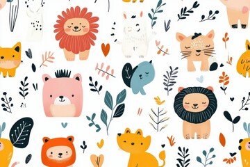 Playful animal pattern with cute illustrations, bright colors, and whimsical elements, perfect for children's products and educational materials, fun and imaginative design