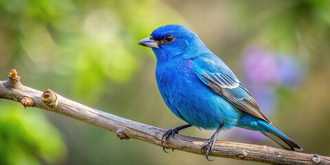 Indigo bunting bird feeding on tree branch