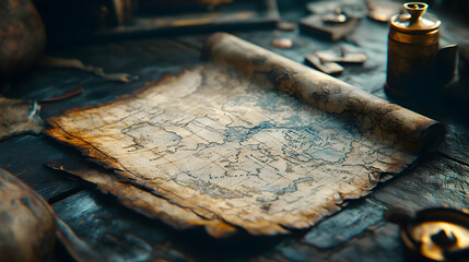 Old Rolled Up Map on Wooden Table - Realistic Image