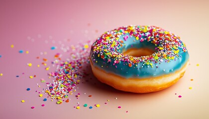 A colorful donut topped with blue icing and vibrant sprinkles, surrounded by scattered sprinkles on a soft pastel background.