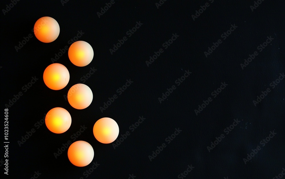 Poster a collection of glowing spheres arranged in a diagonal line on a dark surface in a creative artistic