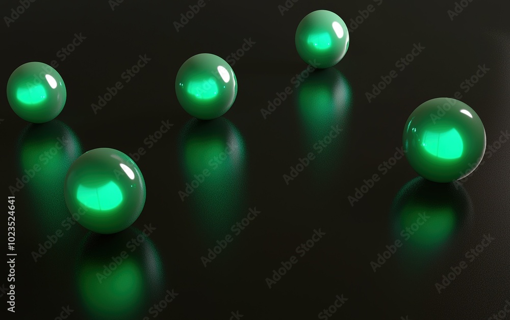 Poster glossy green spheres reflecting light on a dark surface, creating intriguing visual patterns in a mi