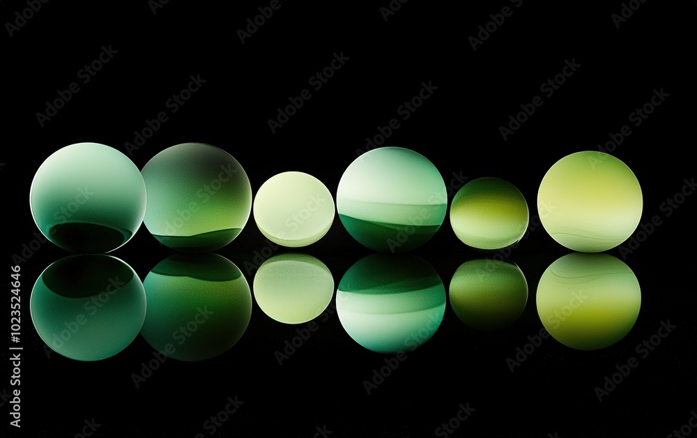 Poster seven green spheres arranged on a reflective surface under soft lighting, creating a modern and mini
