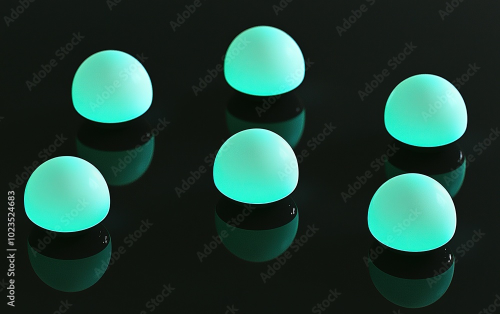 Aufkleber six glowing teal orbs arranged symmetrically on a reflective black surface create a serene atmospher