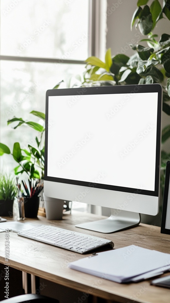 Poster modern workspace with sleek desktop computer surrounded by lush green plants, creating a serene and 