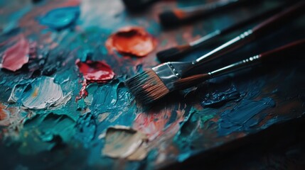 Naklejka premium Paintbrushes Resting on a Palette of Vibrant Colors