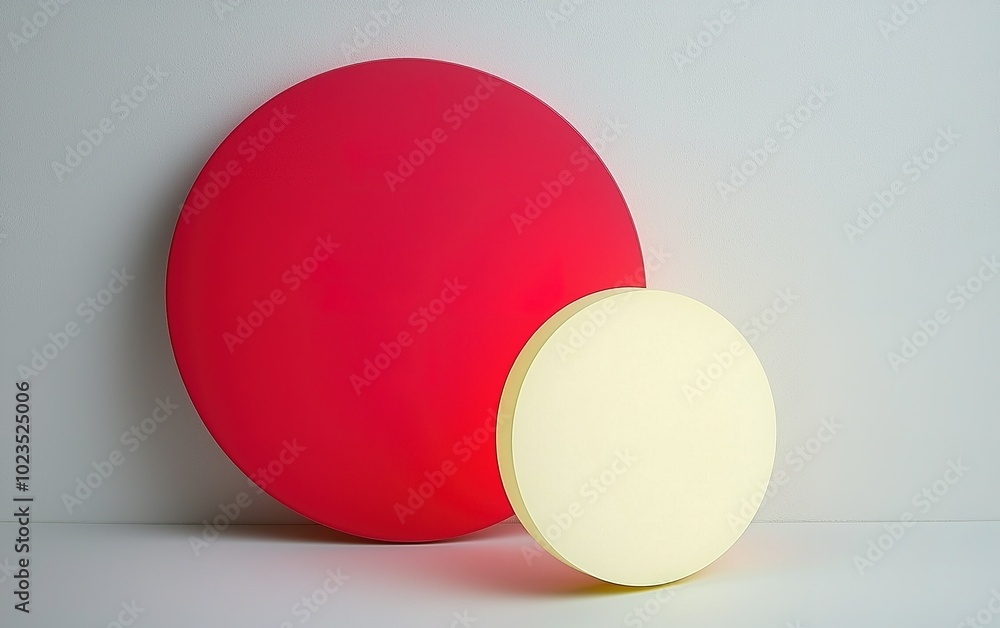 Poster brightly colored circular forms create a striking visual contrast in a minimalist setting with warm 