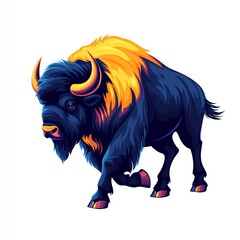 Fototapeta premium A colorful bison with a striking mane, walking confidently against a white background.