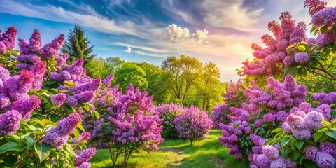 Obraz premium Beautiful lilac blooms in a vibrant garden setting, showcasing nature's beauty and tranquility during spring and summer