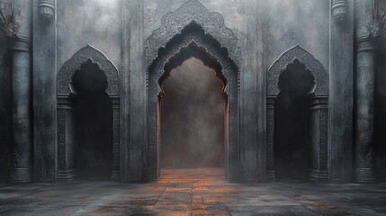 A large stone archway with intricate carvings leads into a foggy, mysterious interior.