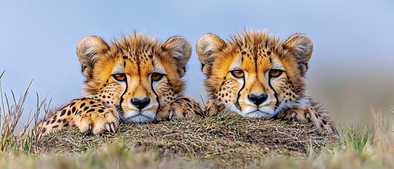 Obraz premium Two cheetah cubs resting in the grass, looking at the camera.