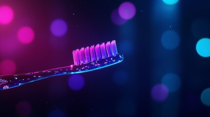 Close-up of a vibrant toothbrush against a colorful bokeh background, emphasizing dental hygiene and modern aesthetics.