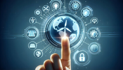 3D Close-Up of Holographic Renewable Energy Icons: Macro Shot of Innovative Wind Turbines and Solar Panels Floating Above a Fingertip on Isolated White Background