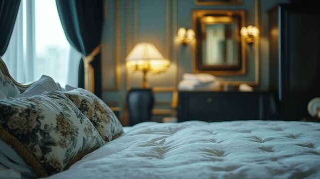 Luxury hotel, close-up of plush bedding and elegant decor.