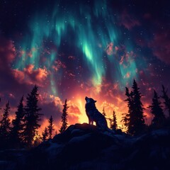 A wolf howling at the moon, its silhouette dissolving into the mystical Aurora Borealis of the northern skies, with colorful lights blending into its form. Isolated on white. AR: 3:2. 