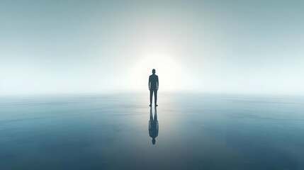Silhouette of a Person Standing on a Calm Body of Water 3D Illustration