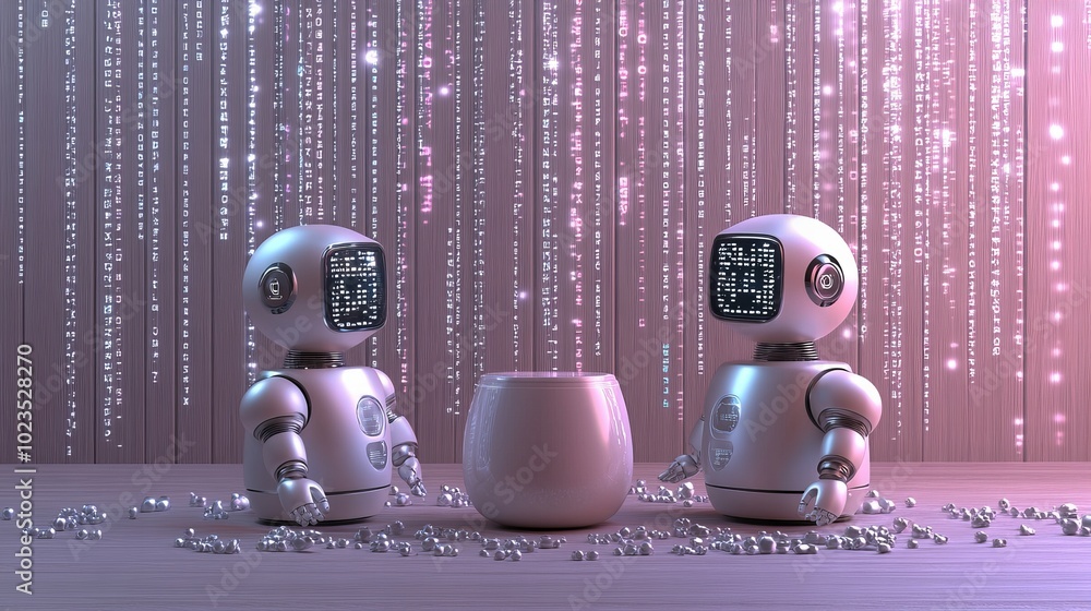 Poster two robots stand before a large white pot, with a code-like pattern in the background.