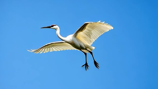 A white egret flies through a bright blue sky on a sunny day