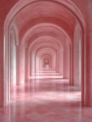 Obraz premium The spacious corridor features elegant arches and polished pink floors, creating a tranquil atmosphere. Sunlight filters in, highlighting the soft colors and inviting a sense of peace in this stunning