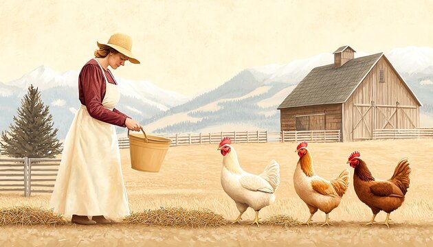 A woman tending to chickens near a rustic barn, surrounded by picturesque mountains.