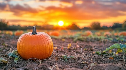 A lone pumpkin sits on the ground beneath a sunset, surrounded by green leaves and others