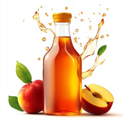 A clear glass bottle filled with apple juice, surrounded by fresh apples and splash effects.