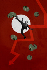 Vertical photo collage of shocked inexperienced girl step arrow decline kick coin crack inflation...