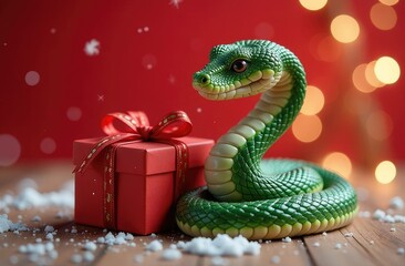 Fototapeta premium Snake Symbol of 2025 new year, Image of snake and gift box on red festive new year background in Chinese New Year 2025 style