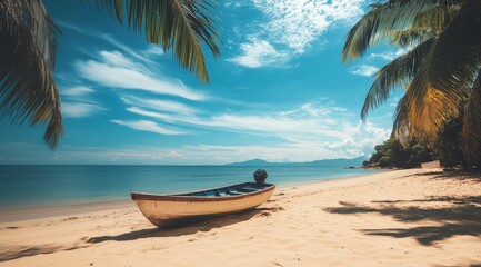Beach with a wooden boat under palm trees on a sunny day