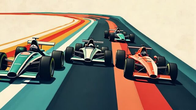 1950s poster style animation of a Formula 1 car race. Thrilling Formula 1 car racing action from the 1950s on a vibrant racetrack with four iconic cars