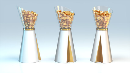 Transparent conical showcase display with gold wrapped candy on pedestal with gold decoration. 3d illustration set on blue background