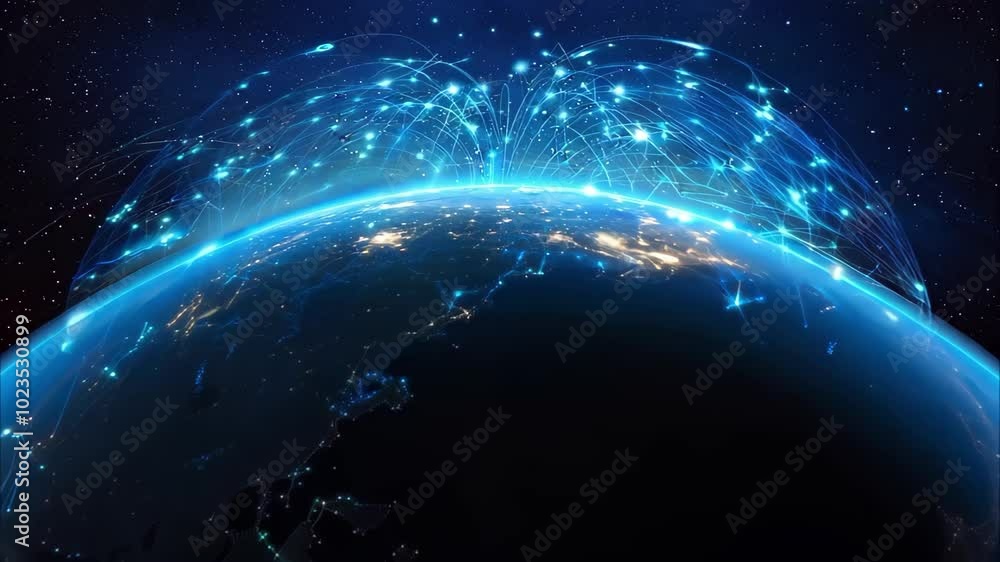 Poster a digital representation of earth highlighting global connectivity and data flow with bright lines a