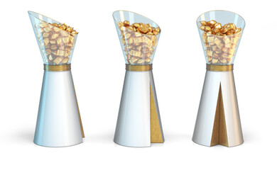 Transparent conical showcase display with gold wrapped candy on pedestal with gold pattern. 3d illustration set on white background