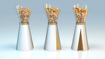 Transparent conical showcase display with gold wrapped candy on pedestal with gold decoration. 3d illustration set on grey background