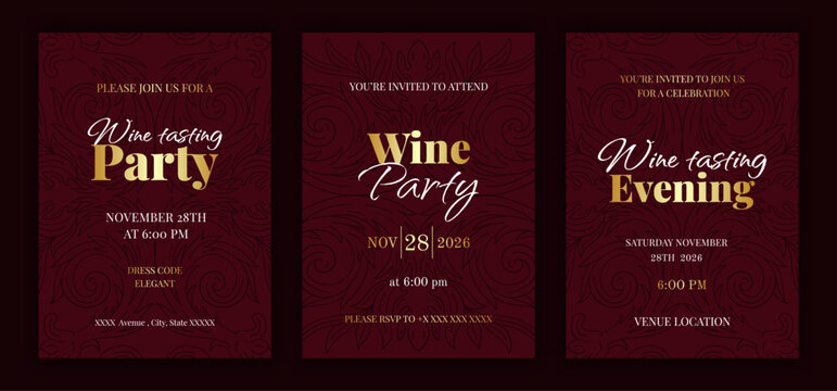 Dark cherry red colored wine tasting event invitation template set with golden text. Baroque luxury style retro ornate pattern background. EPS 10 vector illustration.