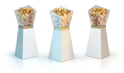 Transparent showcase display with gold wrapped candy on a pedestal with geometric design. 3d illustration set on white background