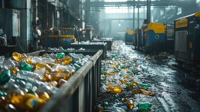 An industrial recycling facility filled with plastic bottles and waste, representing pollution, recycling efforts, and environmental responsibility.
