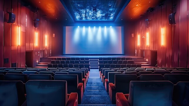 Small modern movie theater with ultra wide bright silver screen in the middle of luxury mansion home.