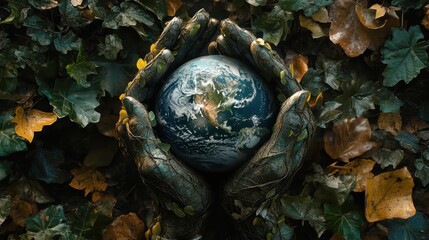 A small globe held by hands covered in leaves, symbolizing environmental protection, sustainability, and the nurturing of our planet.
